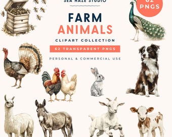 Farm Animals Clipart Bundle | 62 Watercolour PNG Images | Barnyard Animals | Commercial Use