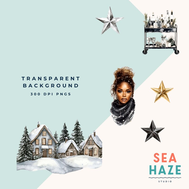 May include: A digital collection of winter-themed illustrations including a snowy village with pine trees, a person with a dark scarf, a bar cart with bottles, and three stars in silver, gold, and black. Text reads: TRANSPARENT BACKGROUND 300 DPI PNGS.