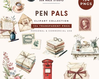 Pen Pals Clipart Collection | 134 PNG Images | Vintage Letters, Postage Stamps & Correspondence Clipart | Commercial Use