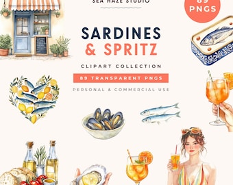 Sardines & Spritz Clipart Collection | 89 PNG Images | Aperitivo, Tinned Fish and Mediterranean Food Clipart | Commercial Use