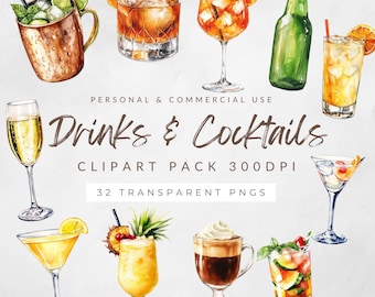 Kleine bundel aquarel cocktail clipart | 32 png-afbeeldingen voor bruiloften | Directe digitale download | Commercieel gebruik | Handtekening bruiloft