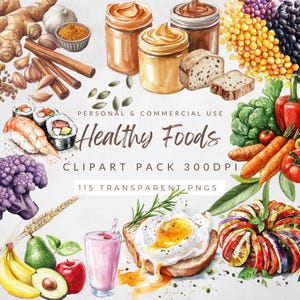 Clipart de comida saludable / Frutas y verduras en acuarela / PNG de comida saludable / Uso comercial - Descarga instantánea / Porciones de comida / Jengibre
