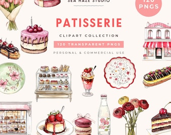 Patisserie Clipart Collection | French Bakery Watercolor PNGs | Croissant, Cake, Pastry & Cafe Clipart | Commercial Use