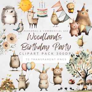 Woodlands Animal Birthday Party Clipart Bundle, Digital Download Commercial Use, Cute Watercolor Forest Animals, Baby Shower Nursery Decor