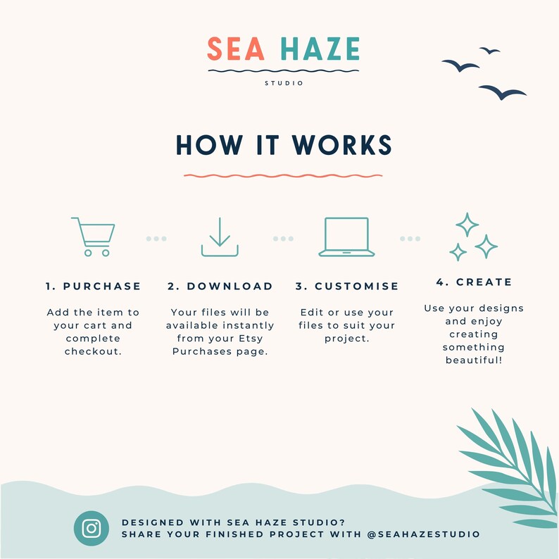 May include: An instructional graphic titled SEA HAZE STUDIO HOW IT WORKS. It outlines four steps: 1. PURCHASE, 2. DOWNLOAD, 3. CUSTOMISE, and 4. CREATE, using icons of a shopping cart, download arrow, laptop, and sparkles. Includes social media text.
