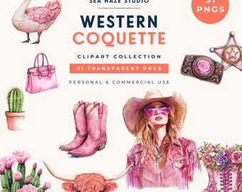 Western Coquette Clipart | Cowgirl PNG Bundle | Pink Western Graphics | Commercial Use