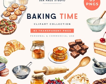 Baking Clipart | Bakery PNG Bundle | Kitchen Watercolor Graphics | Commercial Use