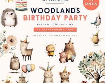Woodland Birthday Party Clipart | Watercolor Animals, Balloons, Florals (72 PNGs)