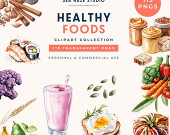 May include: A digital clipart collection titled SEA HAZE STUDIO HEALTHY FOODS featuring 115 transparent PNGs. The collection includes watercolour illustrations of ginger, cinnamon, sushi, jars of nut butter, bread, broccoli, smoothie, seeds, egg on toast, and vegetables.