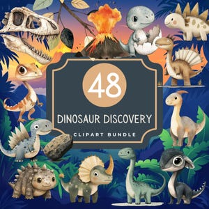 Paquete de 48 imágenes prediseñadas de descubrimiento de dinosaurios, imágenes prediseñadas de dinosaurios de acuarela, imágenes prediseñadas de T-Rex, dinosaurio bebé, decoración de fiesta de cumpleaños de dinosaurios