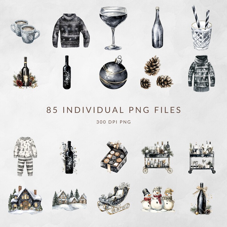 May include: A collection of 85 individual watercolor illustrations featuring winter and holiday themes, including sweaters, wine bottles, glasses, pinecones, ornaments, snowmen, a sleigh, a gift box, and snowy houses, all presented as 300 DPI PNG files.