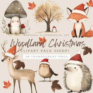 Lot de cliparts de Noël, animaux des bois | Sublimation | Animaux avec un chapeau de Noël | Décoration de chambre d'enfant | Cerfs, champignons, glands, renard, ours
