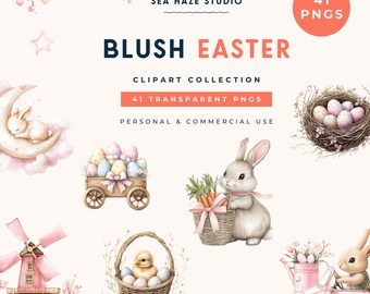 Blush Easter Watercolor Clipart Collection, Bunny, Egg, Nursery Decor (41 PNGs)