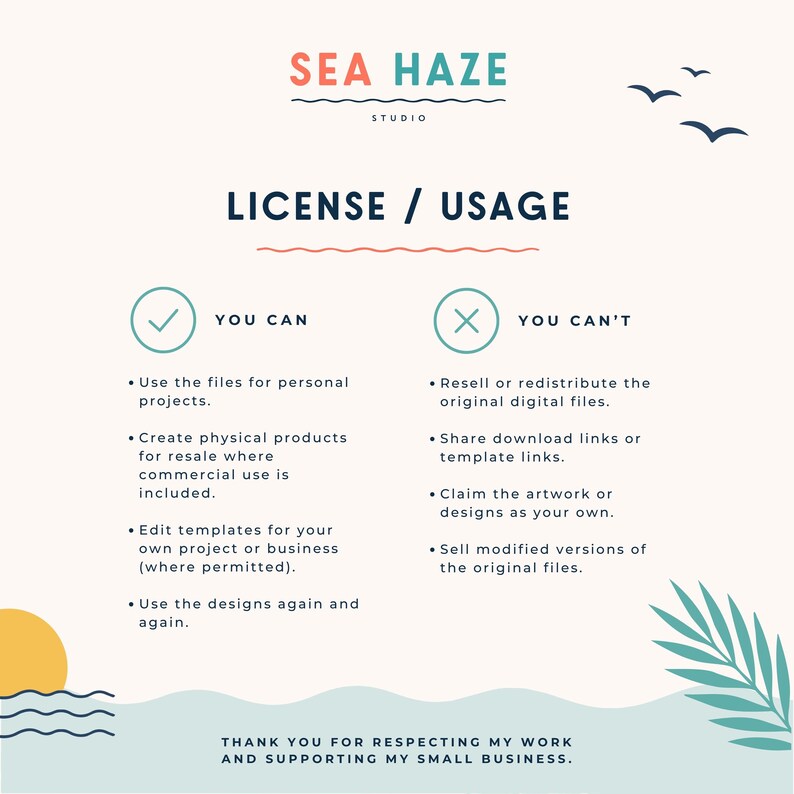 May include: A digital license and usage information graphic for Sea Haze Studio. The document features a light background with a yellow sun, blue waves, and palm leaf. It lists permitted and prohibited actions for digital files in two columns.
