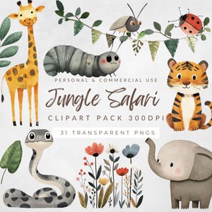 Clipart Safari nella giungla ad acquerello / Arte per bambini / Animali della giungla Png / Leone / Zebra / Leone / Tigre / Bruco / Elefante Compleanno Clipart