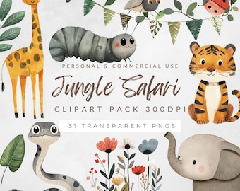 Watercolor Jungle Safari Clipart | Animal PNG Images (Digital Download)