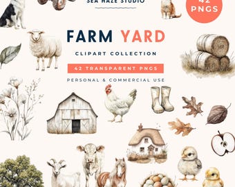 Farm Yard Clipart Bundle | Watercolour Farm Animals, Barns, Tractor (Commercial Use)