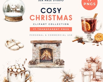 Cosy Christmas Watercolor Clipart Collection | 17 Neutral PNG Images (Commercial Use)