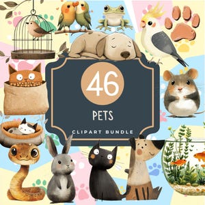 Pet Clipart Bundle 46 Images, Pet Dog Lovers, Cat Dog Illustration, Digital Download, Perfect for Party Invitations, Animal Crafting