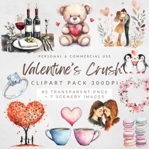 Clipart Saint-Valentin coup de coeur, ours mignon Png, tourtereaux, hiboux, lapins, graphiques de paysages romantiques, éléments d'amour, téléchargement numérique