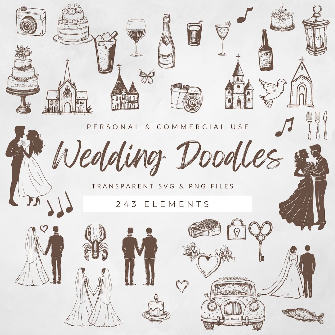 Whimsical Wedding Doodle Clipart Bundle, SVG and PNG, Hand Drawn ...