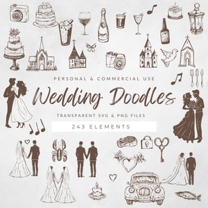 Whimsical Wedding Doodle Clipart Bundle, SVG and PNG, Hand Drawn Illustrations, Wedding Stationery, Invites, Wedding Icons