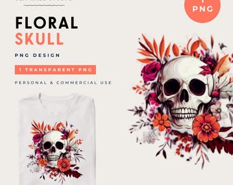 Floral Skull Clipart PNG | Gothic Botanical Design (Commercial Use)