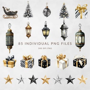 May include: A collection of digital illustrations featuring Christmas trees, a sleigh, hanging lanterns, gift boxes with gold ribbons, and stars in black, white, and gold. The text 85 INDIVIDUAL PNG FILES 300 DPI PNG is centered in the image.