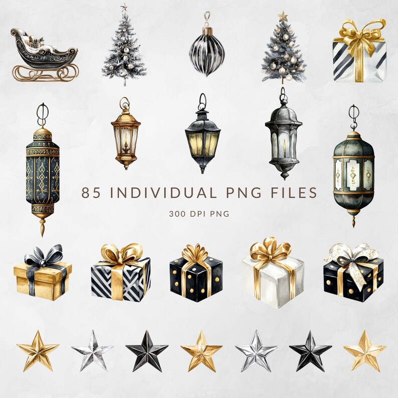 May include: A collection of digital illustrations featuring Christmas trees, a sleigh, hanging lanterns, gift boxes with gold ribbons, and stars in black, white, and gold. The text 85 INDIVIDUAL PNG FILES 300 DPI PNG is centered in the image.