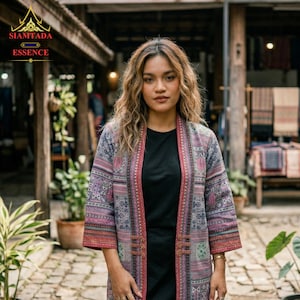 Thai Traditional Tribal Pattern Cardigan - Long Sleeve, Hip-Length Printed Cotton Jacket