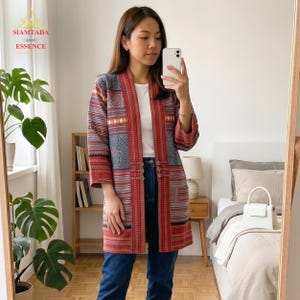 Thai Traditional Tribal Pattern Cardigan - Long Sleeve, Hip-Length Printed Cotton Jacket