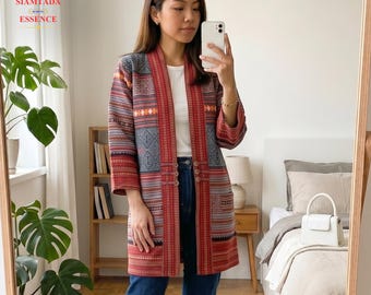 Cardigã tailandês tradicional com estampa tribal - Jaqueta de algodão estampada de manga comprida e comprimento até o quadril