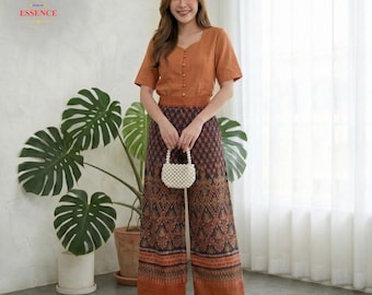 Calças tailandesas estilo culote em tecido tradicional – pernas largas, estilo boho tailandês, tamanhos M, G e GG.
