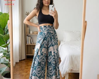 Calças Harem com Estampa de Elefante: Calças Palazzo de Bambu Femininas