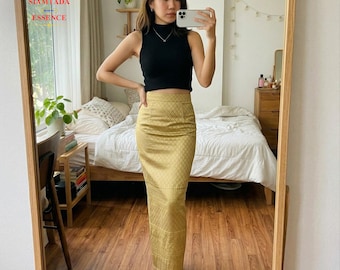 Saia tradicional tailandesa justa, elegante sarongue com estampa sofisticada.
