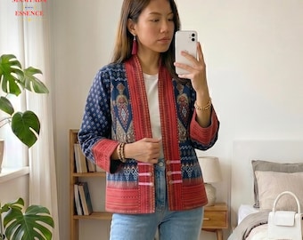 Cardigan de algodão tailandês: tecido Naga, jaqueta com frente aberta