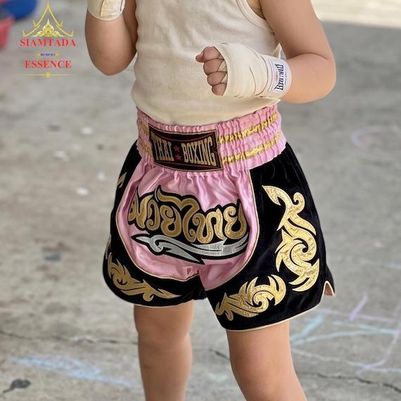 Muay Thai Boxing Shorts for Kids, Authentic Thai Fight Shorts with Gold Stripes.