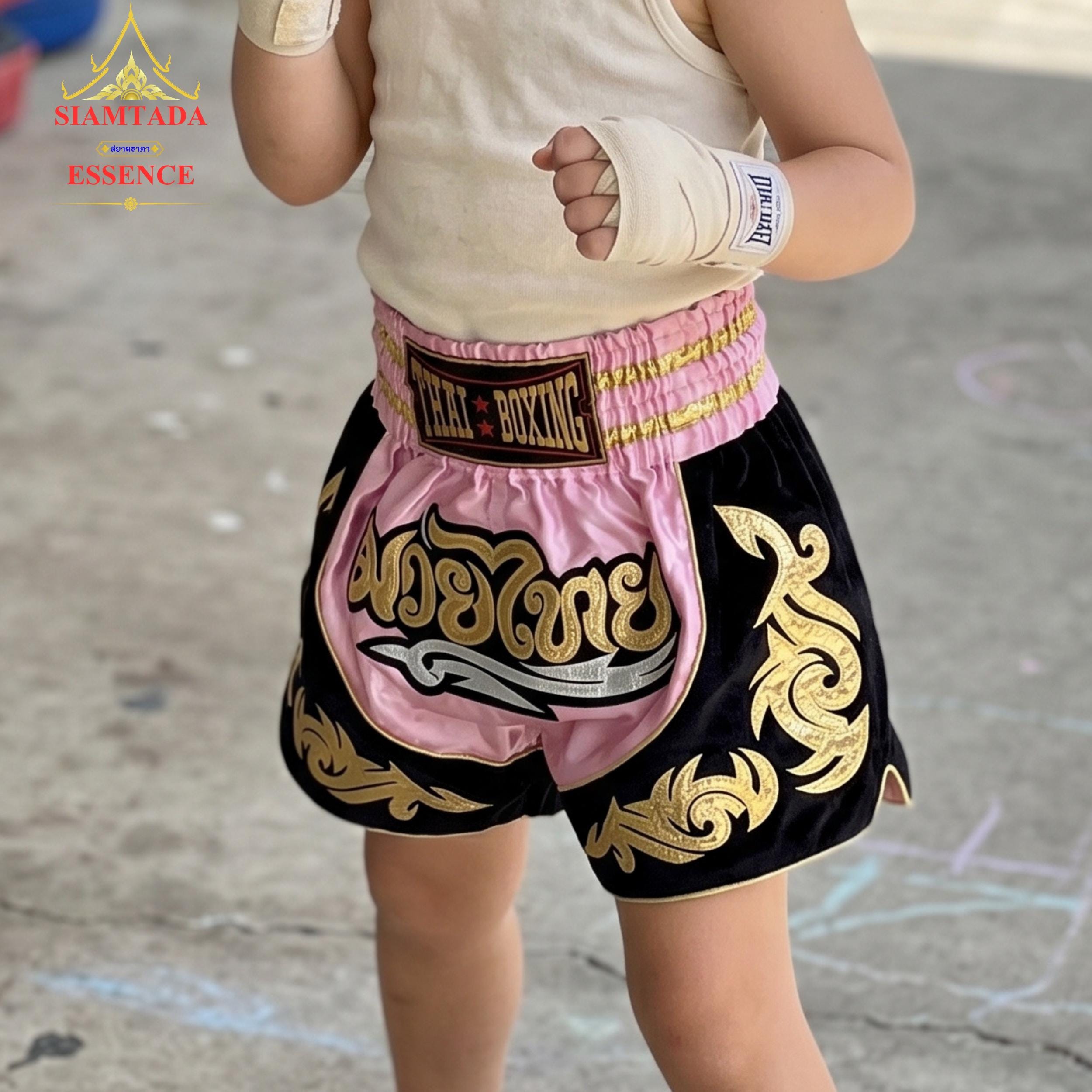 Muay Thai Boxing Shorts for Kids, Authentic Thai Fight Shorts with Gold Stripes.