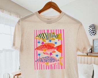 Comfort Colors® Preppy Fish Graphic Cropped Tee Crop, Coastal Summer Beach Shirt, Summer Vibes Shirt, Coastal Summer Boxy, Women's Boxy Tee
