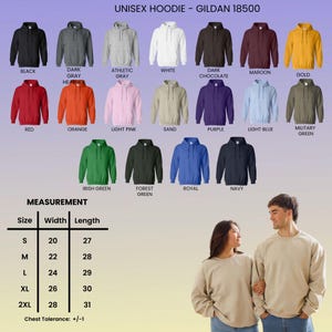 May include: A variety of Gildan 18500 unisex hoodies in various colors, including black, white, red, and navy. The image also includes a measurement chart with sizes ranging from S to 2XL, with widths from 20 to 28 inches and lengths from 27 to 31 inches.