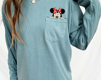 Comfort Colors® Long Sleeve Disney Pocket Mickey Shirt, Minnie Shirt, Disneyworld Shirts, Disney Trip Shirt, Disneyland, Cute Minnie Shirt