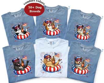 Camiseta para perros Comfort Colors con más de 50 razas de perros, temática patriótica del 4 de julio, bandera de EE. UU., fuegos artificiales y diseños personalizados para amantes de los perros.