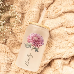 Personalized Birth Flower Coffee Cup With Name ,Personalized Birth Flower Tumbler, Bridesmaid Proposal, Gifts for Her, Birthflower Glass Cup