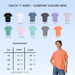 May include: A youth t-shirt in various colors, including black, white, blue jean, pepper, violet, orchid, seafoam, blossom, chalky, gray, and melon. The image also shows size measurements in inches for youth sizes.