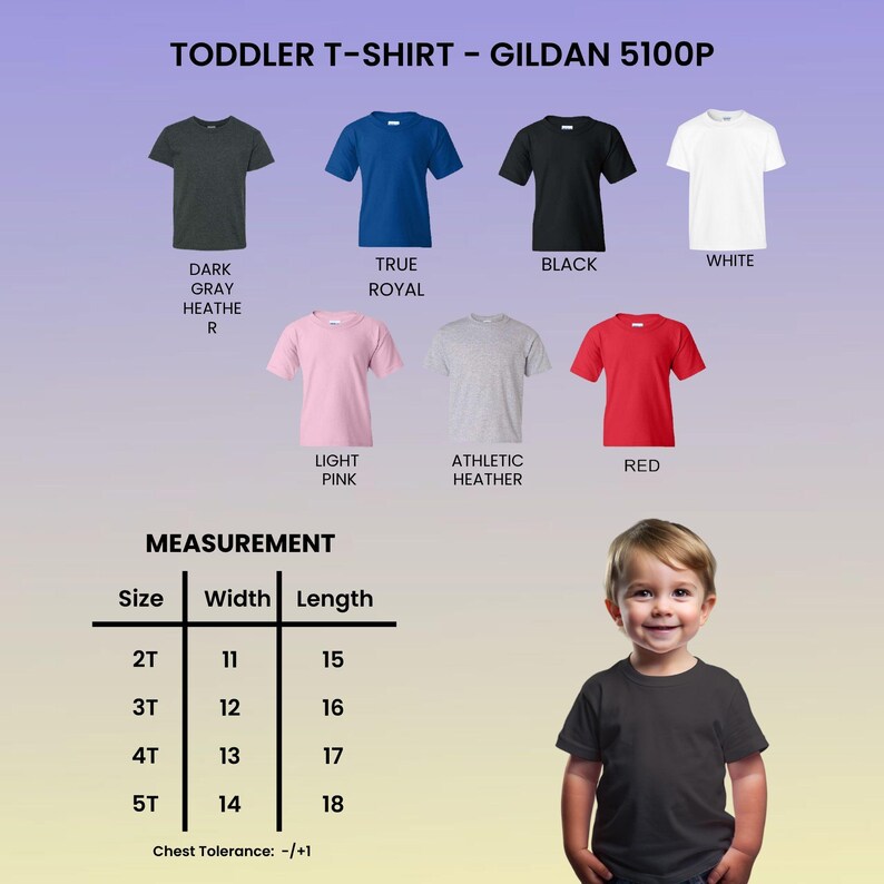 K&ouml;nnte beinhalten: Eine Gildan 5100P Kleinkind-T-Shirt-Farbkarte mit sieben einfarbigen Modellen: Dunkelgrau meliert, K&ouml;nigsblau, Schwarz, Wei&szlig;, Hellrosa, Sportgrau meliert und Rot. Eine Gr&ouml;&szlig;entabelle listet Breiten und L&auml;ngen in Zoll f&uuml;r die Gr&ouml;&szlig;en 2T bis 5T auf.