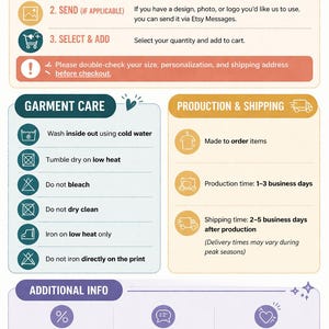 May include: An infographic detailing the order process, garment care, and production/shipping information. The text includes steps like choosing style and size, sending designs, and selecting quantity. Additional info includes bulk order discounts and contact details.