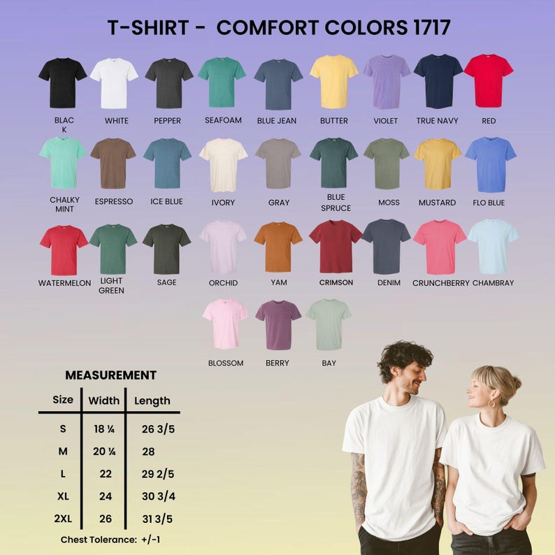 May include: A variety of Comfort Colors 1717 t-shirts in various colors, including black, white, and red. The image includes a measurement chart with sizes ranging from S to 2XL, with widths from 18 1/8 inches to 26 inches and lengths from 26 3/5 inches to 31 3/5 inches.