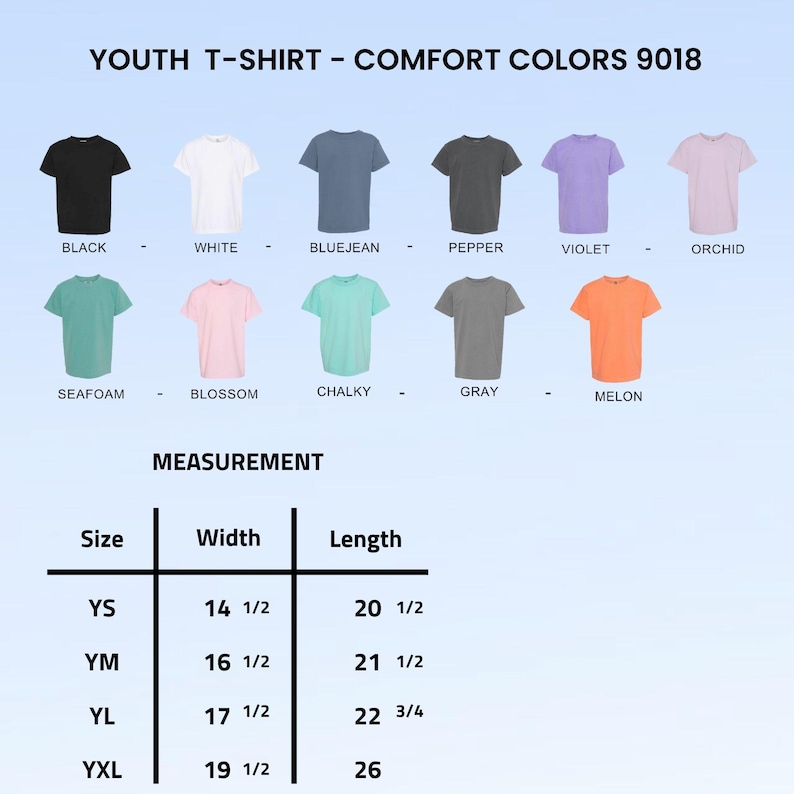 K&ouml;nnte beinhalten: Eine Comfort Colors 9018 Jugend-T-Shirt-Farbkarte mit elf einfarbigen T-Shirts in Schwarz, Wei&szlig;, Bluejean, Pepper, Violett, Orchidee, Seafoam, Blossom, Chalky, Grau und Melon sowie eine Gr&ouml;&szlig;entabelle mit Ma&szlig;en in Zoll f&uuml;r YS, YM, YL und YXL.