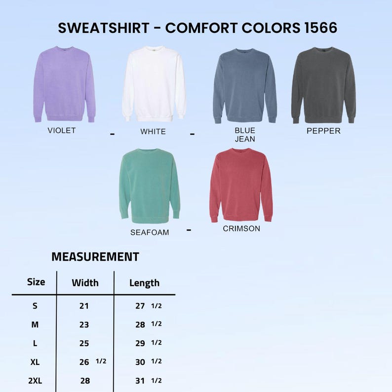 Puede incluir: Imagen de seis sudaderas de cuello redondo en violeta, blanco, azul vaquero, pimienta, verde mar y carmes&iacute;. Se incluye una tabla de medidas, que detalla las tallas S a 2XL, con ancho y largo en cm.