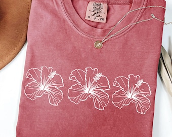 Comfort Colors Hibiscus Flower Shirt | Tropical Floral T-Shirt | Hawaii Vacation Beach Tee | Summer Vibes Shirt for Women | Coastal Tee